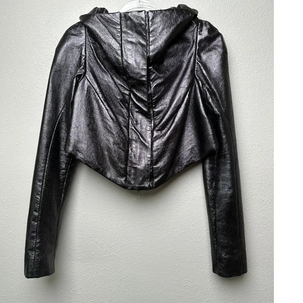 Gareth Pugh gunmetal calf leather cropped jacket women’s 10 draped zip - Picture 7 of 16